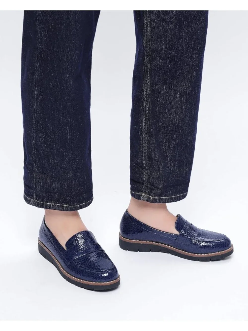 🆕Women's Dark Blue Round Toe Platform Chunky Heeled Loafers Business Shoes